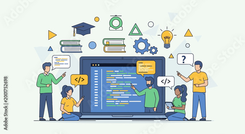 Diverse team collaborating on coding project, learning programming and development online.