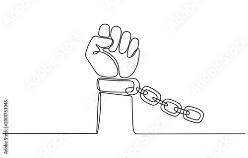 Fist raised with broken chain in single line art style breaking free breaking chains end of oppression human rights social justice liberation strength revolution oppression struggle