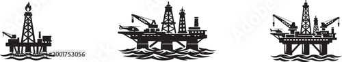 Set of oil rig icons featuring offshore drilling platforms for energy industry and industrial design use