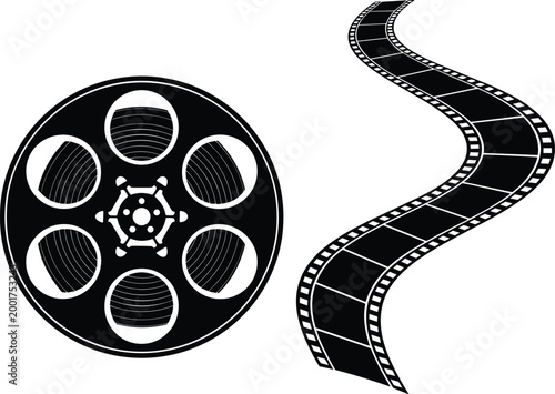 Film reel and movie strip vintage cinema elements black and white vector illustration set for video production and entertainment design