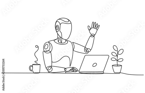 Robot waving hello while working on a laptop with steaming coffee and plant line drawing artificial intelligence line art computer technology automation illustration wireless workspace