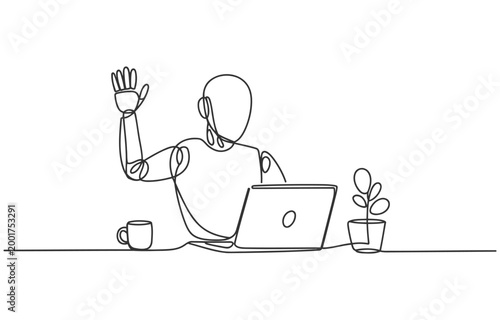 Friendly robot at desk with laptop coffee plant depicted in simple line art style artificial intelligence computer technology automation illustration wireless workspace communication greeting