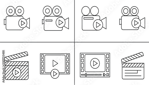 Video production line icons set with camera clapperboard film strip and media player minimal outline vector illustration collection