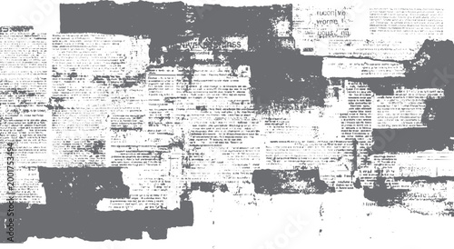 Distressed newspaper pages with dark grey ink smudges and text fragments print