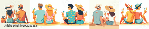 vector of a couple sitting on the beach sand drinking iced orange juice enjoying the sunset