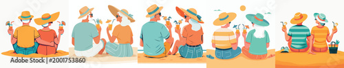 vector of a old couple sitting on the beach sand drinking iced orange juice enjoying the sunset