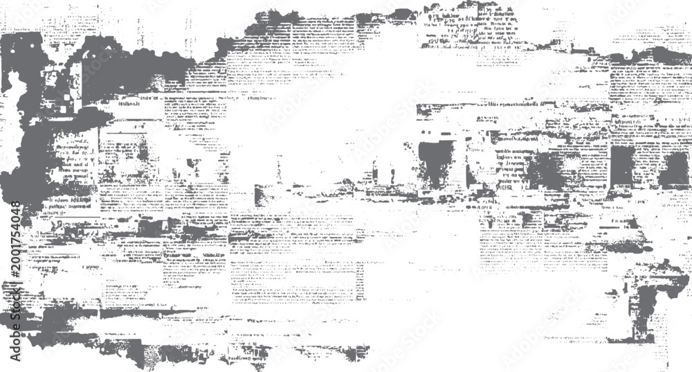 Fototapeta premium Distressed grunge overlay of faded newspaper text and abstract grey shapes on white background texture