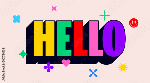 Hello. Funny banner, speech bubble, poster sticker concept. Geometric colorful style for fun, bright party, with text Hello. Phrase, text, message Hello Vector Illustration