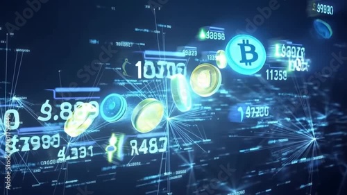 A digital finance timelapse of a cryptocurrency portfolio growing with coin symbols increasing in size against a blockchain background, concept of digital investment and financial technology