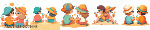 vector of two children sitting on the beach sand drinking iced orange juice enjoying the sunset