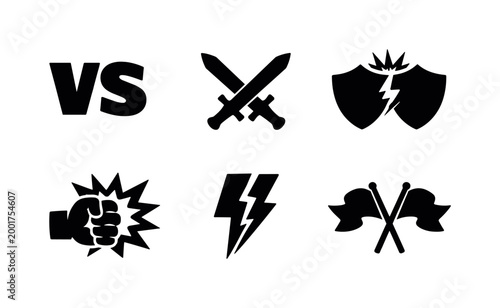 Black combat and rivalry icons set featuring versus text, crossed swords, cracked shield, punching fist, lightning bolt, and crossed flags silhouettes