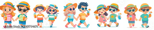 vector of two little kids walking together drinking ice during summer