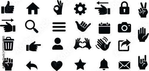 Modern universal user interface icon set with hand gestures navigation symbols settings communication actions and essential app controls vector collection