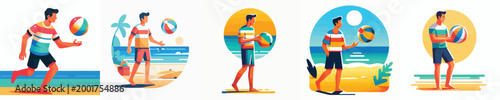 vector of a man standing playing beach ball in summer