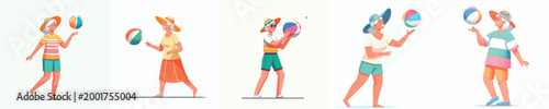 vector of a grandma standing playing beach ball in summer