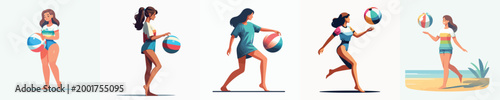 vector of a woman standing playing beach ball in summer