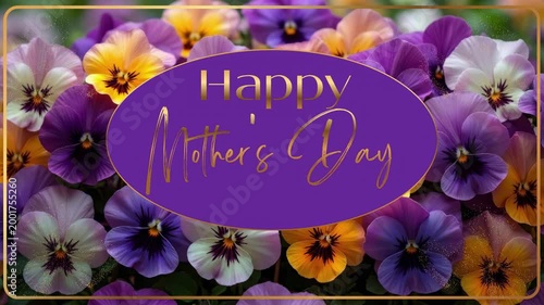Happy Mother's Day video greeting card with animated gold text and glitter hearts on a background with pansies and a golden frame.
