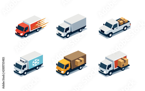 Isometric delivery truck collection showing cargo transport vehicles, refrigerated shipping, parcel freight hauling, and express logistics services set