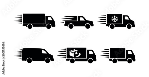 Set of fast delivery vehicle silhouettes showing box trucks and vans with motion lines, including refrigerated and fragile cargo icons for logistics transport