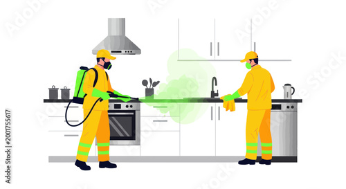 Pest Control Workers Disinfecting Kitchen with Sprayer and Wipes