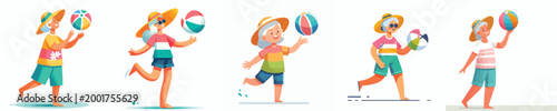 vector of a grandma standing playing beach ball in summer