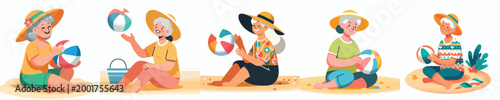 vector of a grandma sitting holding beach ball in summer