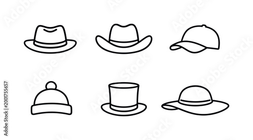 Minimal black line icon set of six hats including fedora, cowboy, baseball cap, beanie, top hat, and wide brim sun hat on white