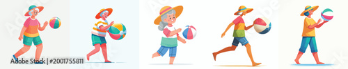 vector of a grandma standing playing beach ball in summer