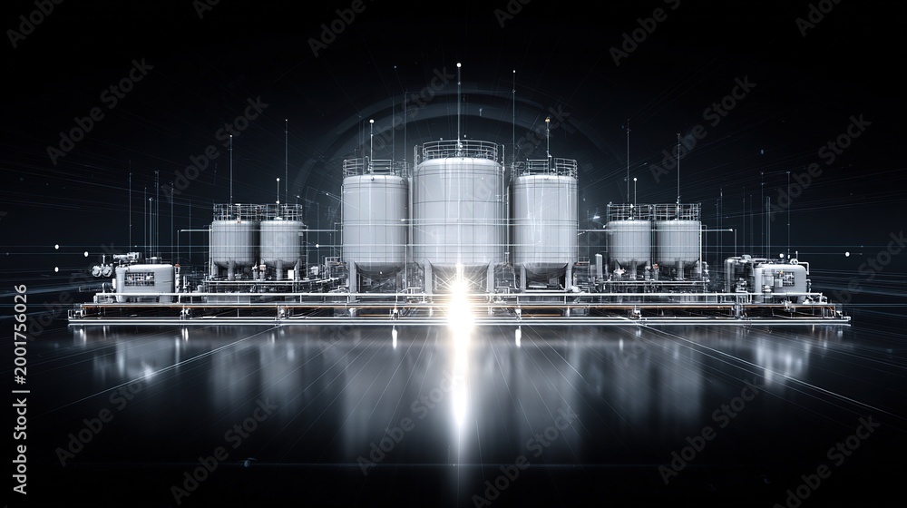Obraz premium Industrial Complex: Stainless Steel Tanks and Illuminated Structures