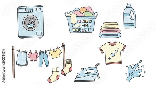A collection of hand-drawn illustrations depicting various laundry-related items and activities, including a washing machine, clothes basket, iron, and drying line.