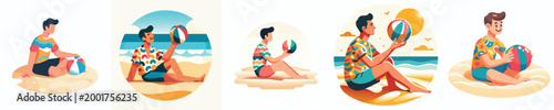 vector of a man sitting holding beach ball in summer