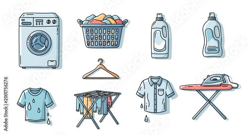 A collection of laundry-related items including a washing machine, laundry basket, detergent bottles, clothes hanger, drying rack, shirts, and an ironing board with an iron.