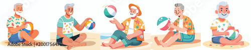 vector of a grandpa sitting holding beach ball in summer