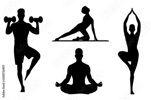 Silhouettes of people doing yoga and exercise