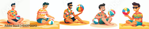 vector of a man sitting holding beach ball in summer