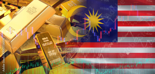 Gold bars stacked on Malaysian flag. Malaysia gold reserves, Concept