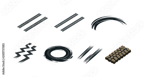 Set of black tire skid marks and circular drift traces with zigzag braking lines and mud tread imprint, isolated on white background