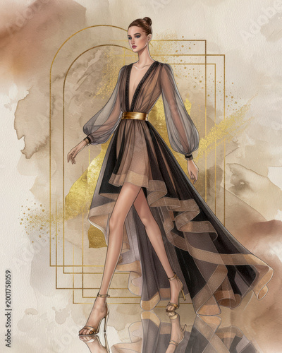 A fashion illustration of a woman in a flowing, sheer black and gold gown with a deep V neckline and puffed sleeves, set against a textured, artistic background.