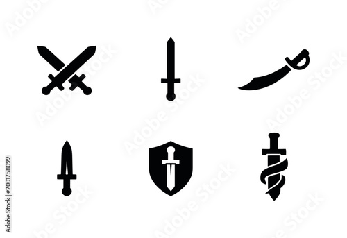 Set of black weapon icons including crossed swords, straight blades, curved saber, shield with sword emblem, and dagger silhouettes on white background
