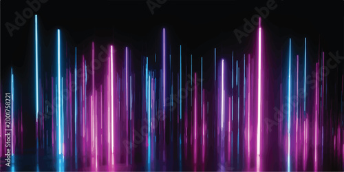 Abstract background with vertical glowing neon light streaks in blue and pink illuminating a dark void creating a futuristic atmosphere