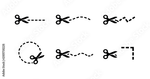 Set of scissors cut line icons showing dashed paths, curved and zigzag cuts, circle snip route, and right-angle corner trim on white