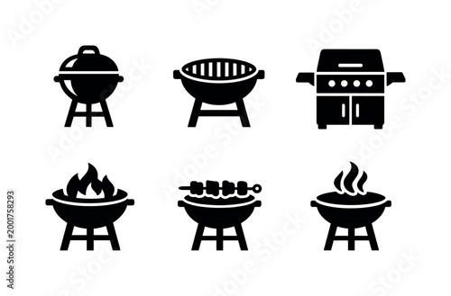 Set of black barbecue grill and fire bowl icons showing kettle grill, charcoal brazier, gas grill, open flame, skewers, and steaming heat silhouettes