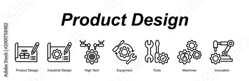 Product Design web banner icon concept for with icon of Product Design, Industrial Design, High Tech, Equipment, Tools, Machines, Innovation.