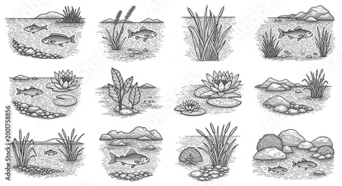 Collection of hand-drawn natural landscapes and plants in sketch style.