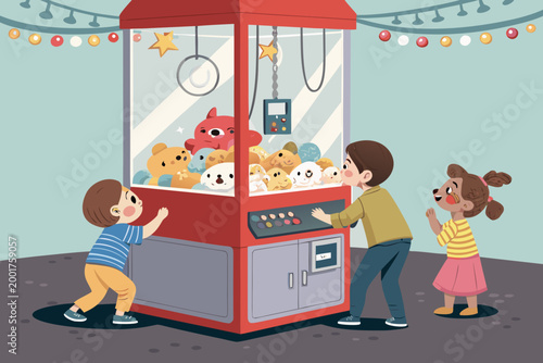 Claw Machine Scene With Children Concentrating as