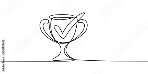 Black line of a trophy cup with a checkmark inside symbol winner in white background