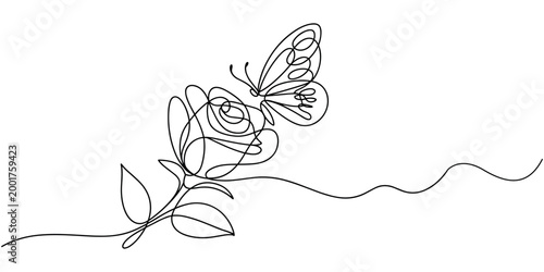 Black line of butterfly on rose flower line black and white minimalist