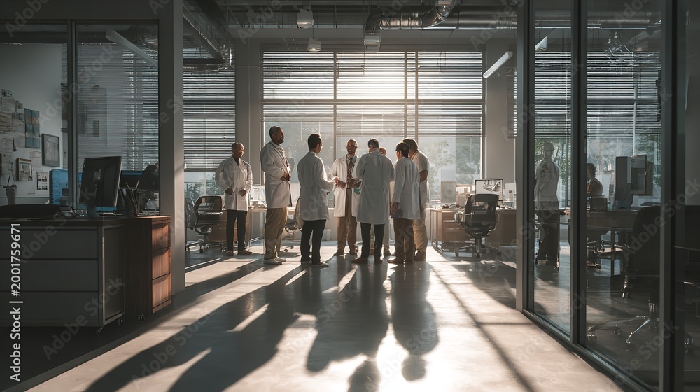 Fototapeta premium Doctors in brightly lit medical offices and hospital advanced healthcare concept