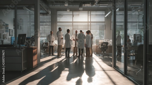 Doctors in brightly lit medical offices and hospital advanced healthcare concept