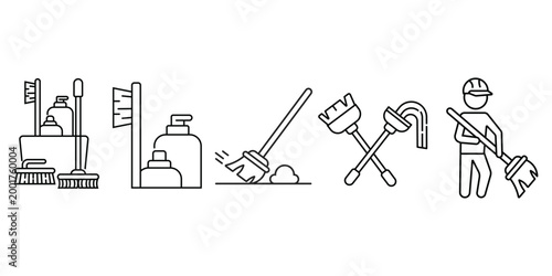 Cleaning Service Line Icon Set – Janitor, Tools, Hygiene, Housekeeping, Maintenance Outline Vector Icons